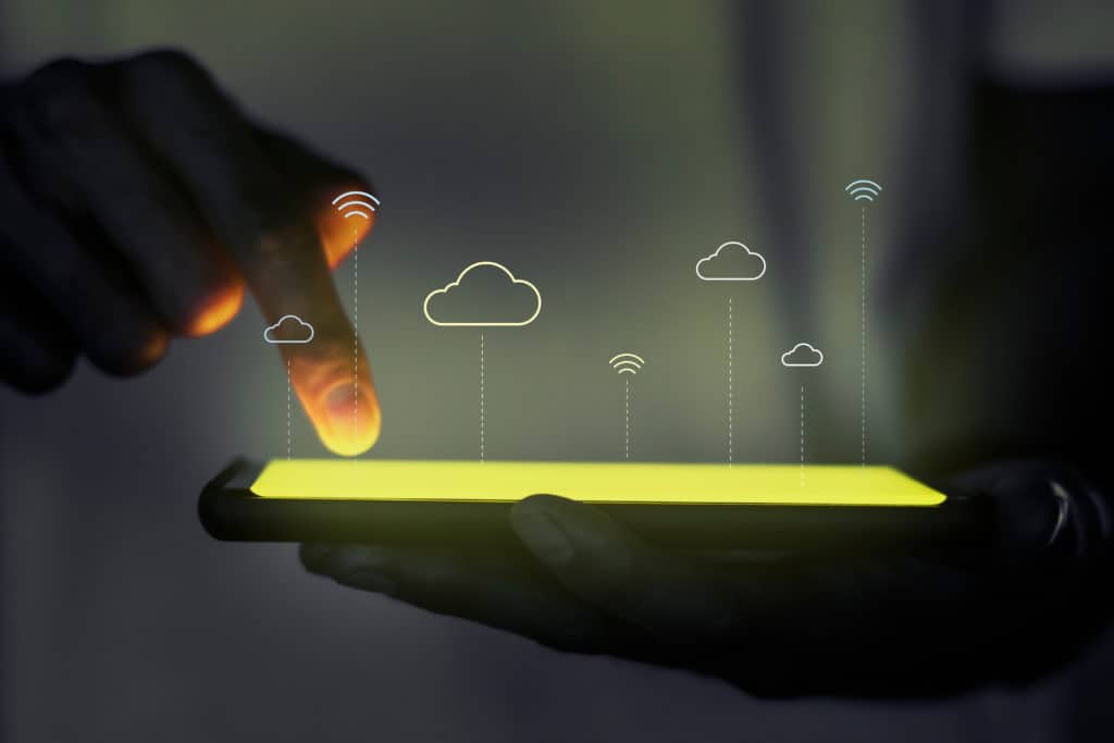 Blank smartphone screen with hologram projector screen with cloud system technology
